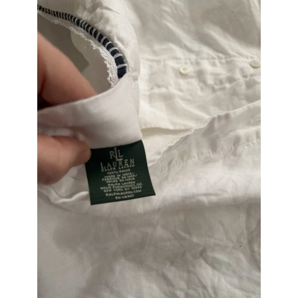 Vintage Lauren Ralph Lauren White Blue Floral Trim Embroidered Pillow Cases Sham